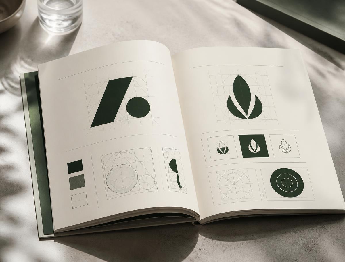 An open brand guidelines booklet showing construction grids for a mark, printed in deep green on ivory paper
